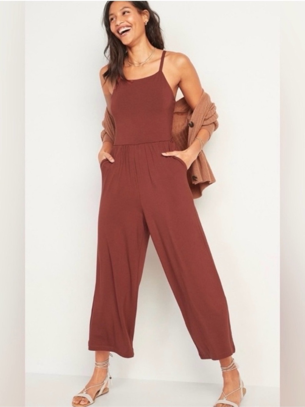 Old Navy L Petite Rust Wide Leg Cropped Jumpsuit Pockets Viscose Blend